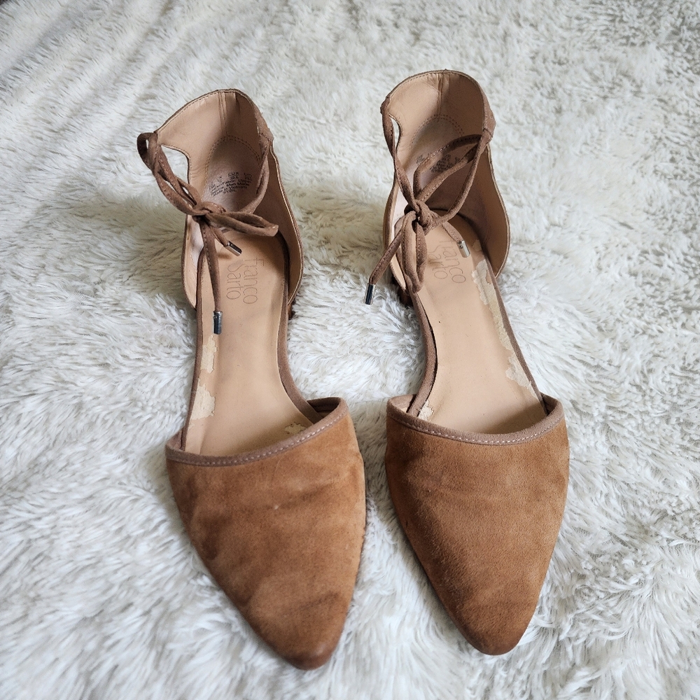 Franco Sarto Pointed Nude Suede Leather Tie Front Flats Shoes Size 9.5